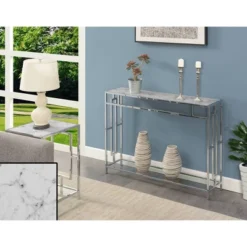 Town Square Chrome Console Table With Shelf White Faux Marble/Chrome Frame - Breighton Home